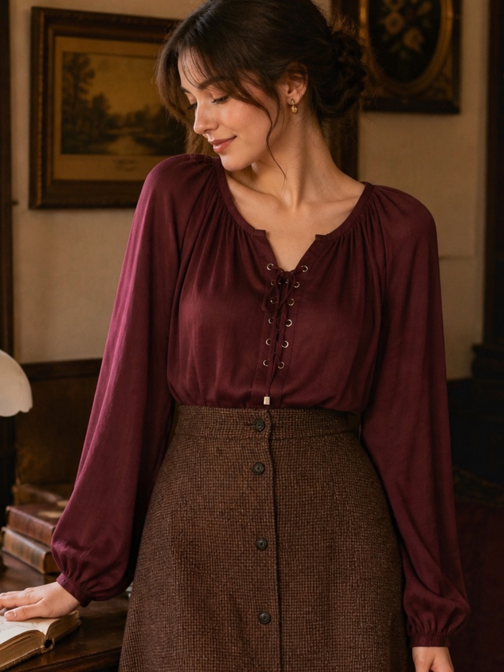 Jennifer Lopez Burgundy Silky Peasant Blouse Lace-Up Front Boho Romantic Top, M
